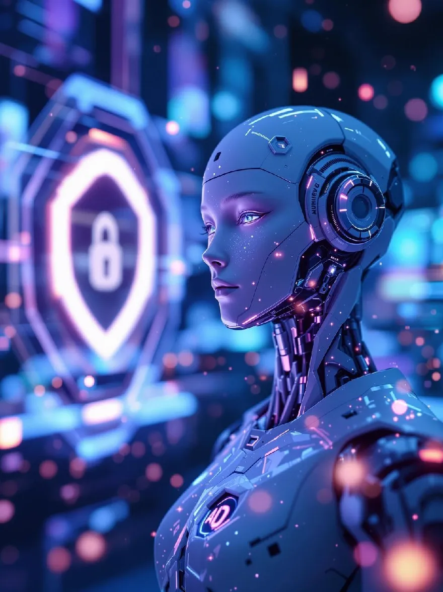 Русский промпт: Высоко детализированный, реалистичный образ CGI голубокожих гуманоидного робота с гладким, металлическим дизайном и светящимися акцентами. Робот слегка обращен вправо, с нейтральным выражением. Фон представляет собой футуристическую, научно-фантастическую обстановку со светящимся щитом с символом «B» в центре, окруженной красочными, абстрактными формами и линиями. Освещение мягкое и сфокусированное, создавая ощущение глубины и размерности. Изображение имеет высокотехнологичную эстетику киберпанка с акцентом на технологии и подключение. | Original prompt: A highly detailed, realistic CGI image of a blue-skinned humanoid robot with a sleek, metallic design and glowing accents. The robot is facing slightly to the right, with a neutral expression. The background is a futuristic, sci-fi setting with a glowing shield with a 'B' symbol in the center, surrounded by colorful, abstract shapes and lines. The lighting is soft and focused, creating a sense of depth and dimensionality. The image has a high-tech, cyberpunk aesthetic with a focus on technology and connectivity.