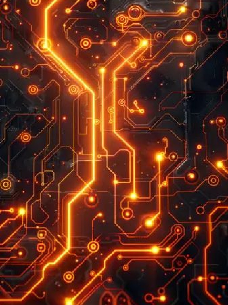 Русский промпт: Крупный план светящейся платы с замысловатыми линиями и формами. Доска черная с оранжевыми и желтыми бликами, создавая поразительный контраст. Переворот состоит из различных электронных компонентов, таких как резисторы, конденсаторы, транзисторы и интегрированные схемы. Изображение имеет высокотехнологичный, футуристический вид с комбинацией технологий и инноваций. Освещение подчеркивает сложные детали платы, что делает его очаровательной и визуально поразительной частью. | Original prompt: A close-up of a glowing circuit board with intricate lines and shapes. The board is black with orange and yellow highlights, creating a striking contrast. The circuit board is composed of various electronic components such as resistors, capacitors, transistors, and integrated circuits. The image has a high-tech, futuristic feel with a combination of technology and innovation. The lighting highlights the intricate details of the circuit board, making it a captivating and visually striking piece.