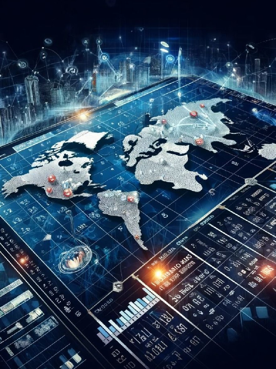 Русский промпт: Цифровая иллюстрация карты мира на сетке, похожей на поверхность с различными графами и диаграммами. Карта детализирована с различными географическими особенностями, такими как континенты, океаны и суши. Фон - темный, футуристический городской пейзаж с светящимися линиями и точками, соединяющими их. Изображение имеет высокотехнологичный, технологический ощущение с акцентом на науку о данных и технике. Цвета преимущественно синие и белые, с некоторыми оттенками оранжевого и желтого. Общий эффект - это взаимосвязь и связь. | Original prompt: A digital illustration of a world map on a grid-like surface with various graphs and charts overlaid. The map is detailed with various geographical features such as continents, oceans, and landmasses. The background is a dark, futuristic cityscape with glowing lines and dots connecting them. The image has a high-tech, technological feel with a focus on data science and technology. The colors are predominantly blue and white, with some hints of orange and yellow. The overall effect is one of interconnectedness and connectivity.
