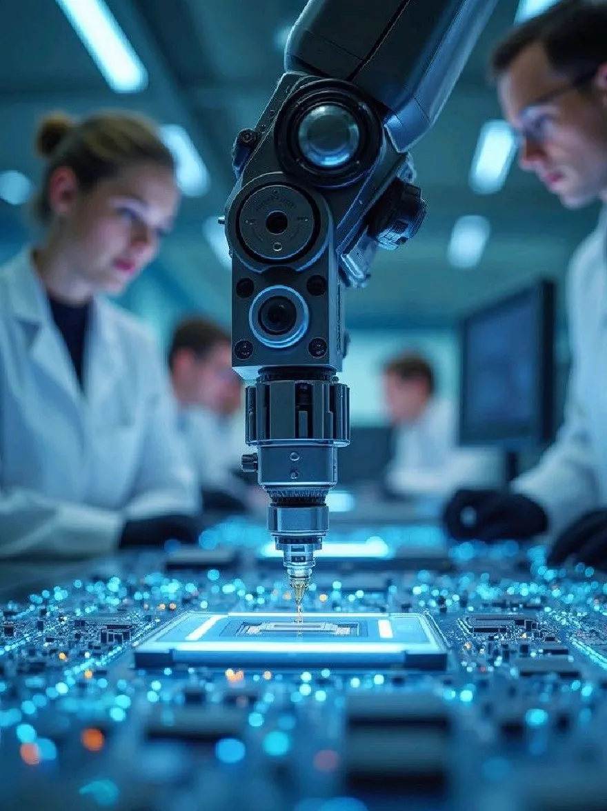 Русский промпт: Фотография лабораторной обстановки с роботизированной рукой на переднем плане, сверляя в ней плату с небольшим количеством жидкости. На левой стороне изображения женщина и мужчина носят лабораторные пальто, оба пристально сосредоточены на задаче. Женщина слегка размыта, в то время как мужчина немного не в фокусе. Фон размыт, но, похоже, это занятая лаборатория, в которой другие люди работают на заднем плане. Освещение тусклое, с сине -белыми тонами. Изображение высококачественное, с мелкой глубиной полевой, сосредоточенной на сложных деталях платы и роботизированной руке. | Original prompt: Photo of a laboratory setting with a robotic arm in the foreground, drilling a circuit board with a small amount of liquid into it. On the left side of the image, a woman and a man are wearing lab coats, both focused intently on the task at hand. The woman is slightly blurred, while the man is slightly out of focus. The background is blurred, but it appears to be a busy laboratory with other people working in the background. The lighting is dim, with blue and white tones. The image is high quality, with a shallow depth of field, focusing on the intricate details of the circuit board and the robotic arm.
