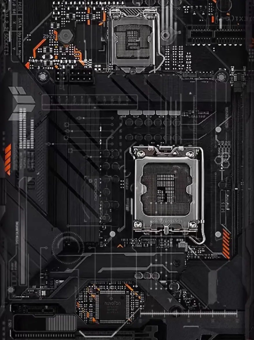 Русский промпт: Фотография компьютерной материнской платы с черной и оранжевой цветовой гаммой. У материнской платы есть гладкий, современный дизайн с глянцевой отделкой и сложной схемой. В центре материнской платы есть два ядра процессора, один больше, и один меньший, соединенные серией разъемов и радиатора. Более крупные ядра процессора помечены торговой маркой «nvidia» в белых буквах, в то время как меньшие ядра процессора имеют одинаковую марку, написанную в черных надписях. Фон представляет собой темную промышленную плату с различными электронными компонентами и соединениями. Изображение имеет высококачественный, подробный вид с акцентом на дизайн и сложность материнской платы. | Original prompt: A photograph of a computer motherboard with a black and orange color scheme. The motherboard has a sleek, modern design with a glossy finish and intricate circuitry. On the center of the motherboard, there are two CPU cores, one larger and one smaller, connected by a series of connectors and heatsinks. The larger CPU cores are labeled with the brand name "Nvidia" in white lettering, while the smaller CPU cores have the same brand name written in black lettering. The background is a dark, industrial-looking circuit board with various electronic components and connections. The image has a high-quality, detailed look with a focus on the motherboard's design and complexity.