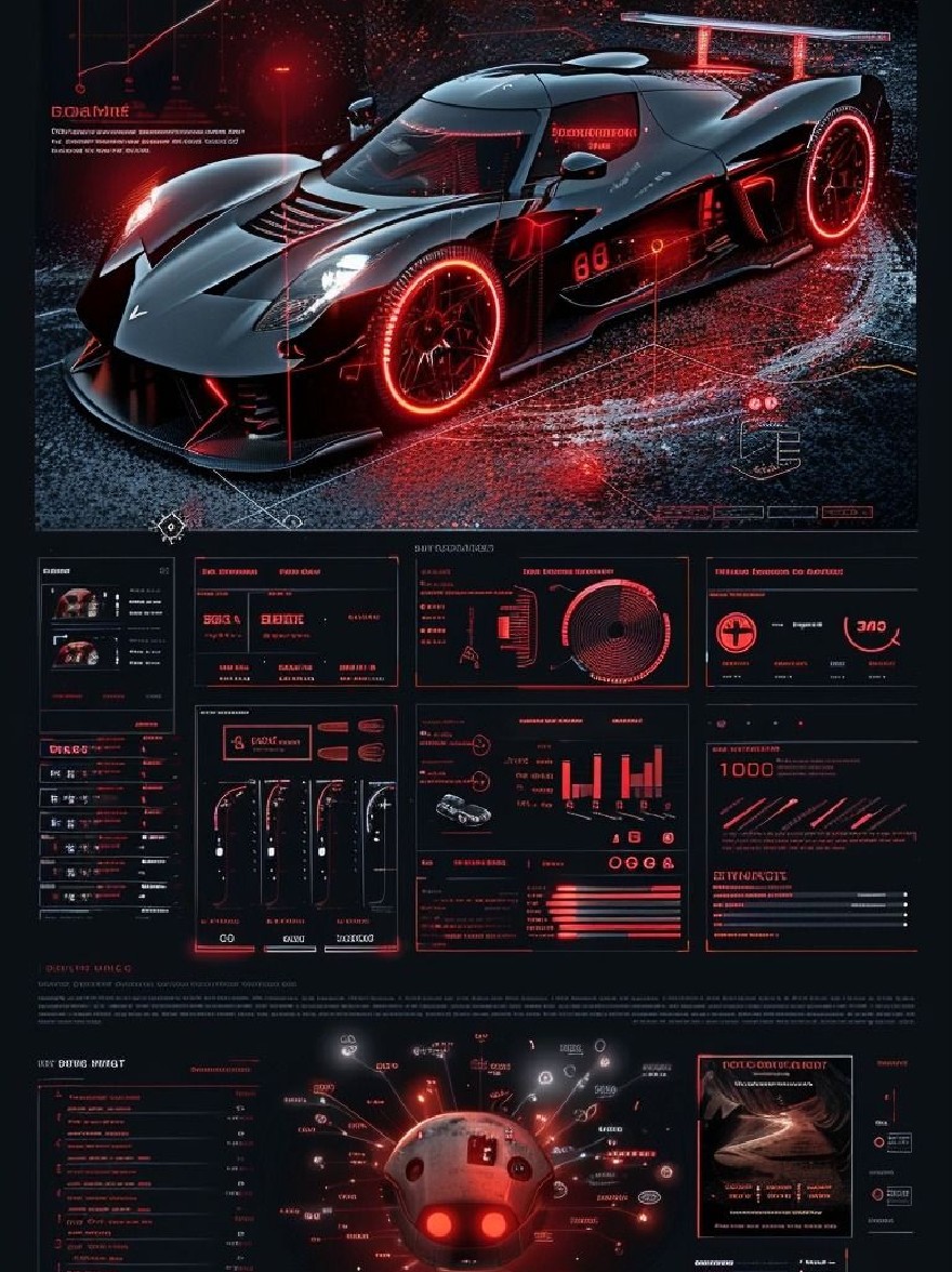 Русский промпт: Футуристический, гладкий, черный и красный автомобиль со светящимися красными акцентами, установленная на темном промышленном фоне. Автомобиль заметно представлен в центре изображения, окруженный большой подробной панелью с различными графами и диаграммами. Панель инструментов разработан с научной фантастической эстетикой с сочетанием технологических элементов, таких как линии, формы и символы. Цвета преимущественно красные и черные, с некоторыми намеками на белое, придавая изображению футуристическое ощущение. Общий дизайн очень подробный и современный, с акцентом на дизайн и технологии автомобиля. | Original prompt: A futuristic, sleek, black and red car with glowing red accents, set against a dark, industrial background. The car is prominently featured in the center of the image, surrounded by a large, detailed dashboard with various graphs and diagrams. The dashboard is designed with a sci-fi aesthetic, featuring a combination of technological elements such as lines, shapes, and symbols. The colors are predominantly red and black, with some hints of white, giving the image a futuristic feel. The overall design is highly detailed and modern, with a focus on the car's design and technology.