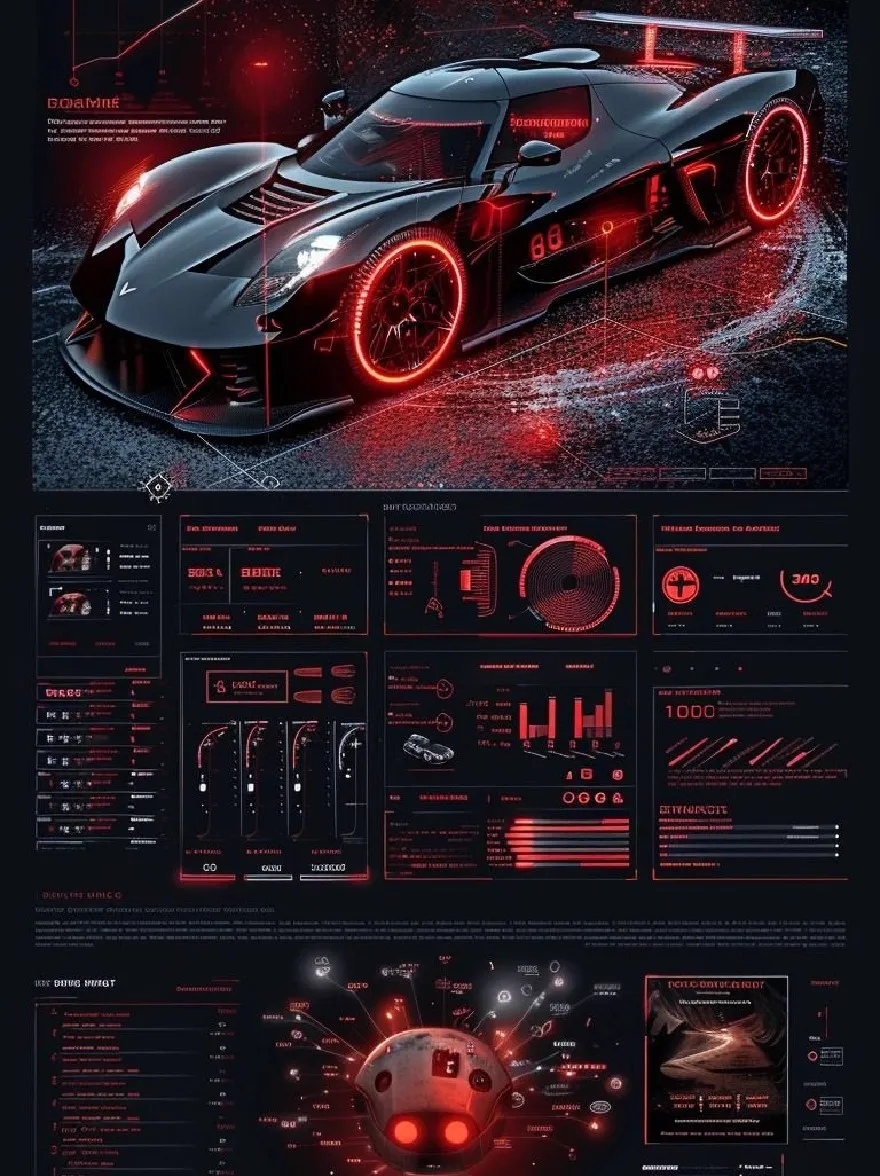 Русский промпт: Футуристический, гладкий, черный и красный автомобиль со светящимися красными акцентами, установленная на темном промышленном фоне. Автомобиль заметно представлен в центре изображения, окруженный большой подробной панелью с различными графами и диаграммами. Панель инструментов разработан с научной фантастической эстетикой с сочетанием технологических элементов, таких как линии, формы и символы. Цвета преимущественно красные и черные, с некоторыми намеками на белое, придавая изображению футуристическое ощущение. Общий дизайн очень подробный и современный, с акцентом на дизайн и технологии автомобиля. | Original prompt: A futuristic, sleek, black and red car with glowing red accents, set against a dark, industrial background. The car is prominently featured in the center of the image, surrounded by a large, detailed dashboard with various graphs and diagrams. The dashboard is designed with a sci-fi aesthetic, featuring a combination of technological elements such as lines, shapes, and symbols. The colors are predominantly red and black, with some hints of white, giving the image a futuristic feel. The overall design is highly detailed and modern, with a focus on the car's design and technology.
