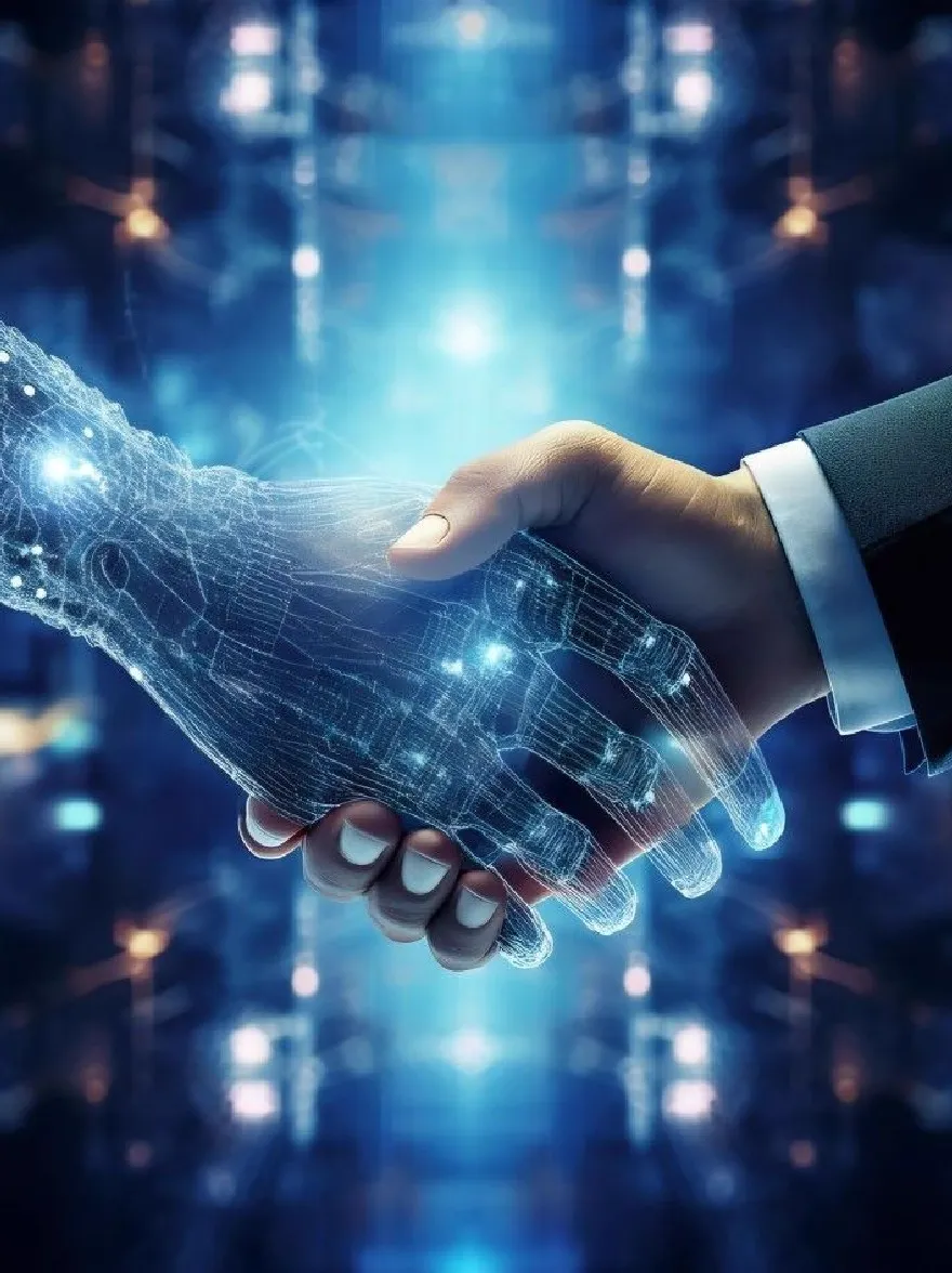 Русский промпт: Фотография двух рук, трястись футуристической, светящейся каркасной структурой, с синим, абстрактным фоном с сетью взаимосвязанных линий и точек. Руки принадлежат мужчине и женщине, оба носят официальную одежду. Рука мужчины находится на правой стороне изображения, в то время как рука женщины с левой стороны находится на переднем плане. Фон размыт, но, кажется, это футуристический городской пейзаж с светящимися огнями. Изображение имеет высокотехнологичную, технологическую ощущение. | Original prompt: A photograph of two hands shaking over a futuristic, glowing wireframe-like structure, with a blue, abstract background featuring a network of interconnected lines and dots. The hands belong to a man and a woman, both wearing formal attire. The man's hand is on the right side of the image, while the woman's hand on the left side is in the foreground. The background is blurred, but it appears to be a futuristic cityscape with glowing lights. The image has a high-tech, technological feel to it.