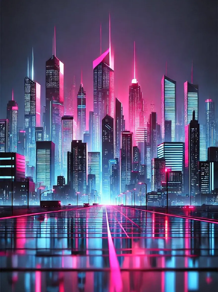 Русский промпт: Футуристический городской пейзаж ночью, с неоновым горизонтом с высокими небоскребами и отражающими огнями. Здания освещены различными цветами, в том числе розовый, синий и фиолетовый, создавая поразительный контраст на темном небе. Городской пейзаж отражен на мокрой асфальтовой дороге, с отражением зданий и огней, создавая ощущение глубины и измерения. Общая эстетика напоминает киберпанк или научно-фантастическое искусство. | Original prompt: A futuristic cityscape at night, with a neon-lit skyline featuring tall skyscrapers and reflecting lights. The buildings are illuminated in a variety of colors, including pink, blue, and purple, creating a striking contrast against the dark sky. The cityscape is reflected in the wet asphalt road, with the reflection of the buildings and lights creating a sense of depth and dimension. The overall aesthetic is reminiscent of cyberpunk or sci-fi art.