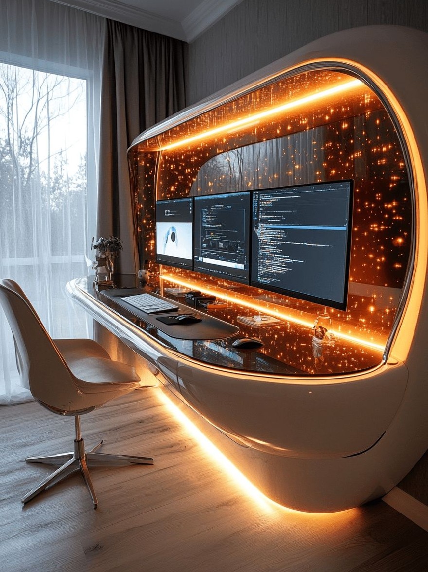 Русский промпт: Футуристический домашний офис с элегантным, обтекаемым дизайном с изогнутым стеклянным витрином со светящимися апельсиновыми акцентами. Шейон дисплея заполнен несколькими экранами, отображающими код, и столом с клавиатурой, мышью и мышиной площадкой расположен в центре. На левой стороне витрины есть небольшая скульптура человеческой фигуры. В комнате есть большое окно с чистыми шторами, что позволяет войти естественным светом. Пол изготовлен из светлого дерева, а стены окрашены в нейтральный цвет. Общая эстетика минималистичная и современная, с акцентом на технологии и инновации. | Original prompt: A futuristic home office with a sleek, streamlined design featuring a curved glass display case with glowing orange accents. The display case is filled with multiple screens displaying code, and a desk with a keyboard, mouse, and mouse pad is situated in the center. On the left side of the display case, there is a small sculpture of a human figure. The room has a large window with sheer curtains, allowing natural light to enter. The floor is made of light-colored wood, and the walls are painted in a neutral color. The overall aesthetic is minimalistic and modern, with a focus on technology and innovation.