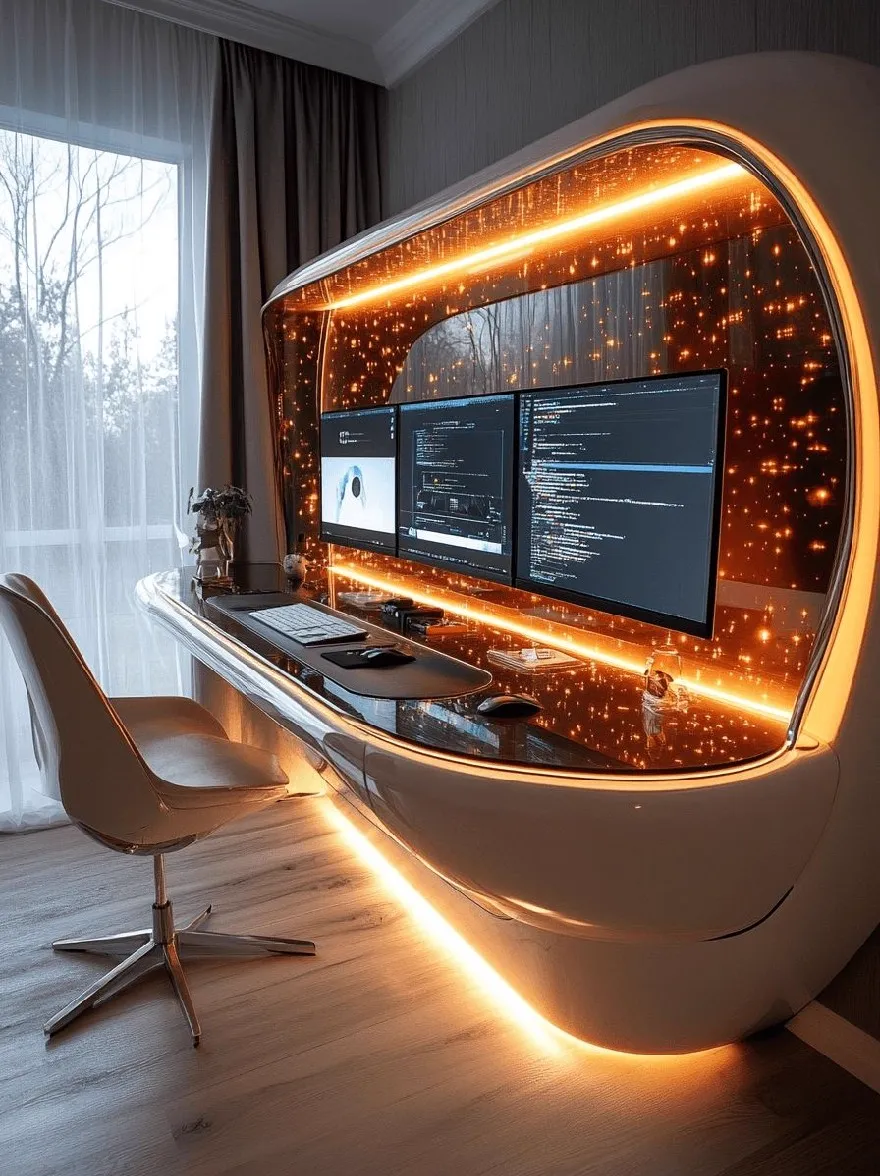 Русский промпт: Футуристический домашний офис с элегантным, обтекаемым дизайном с изогнутым стеклянным витрином со светящимися апельсиновыми акцентами. Шейон дисплея заполнен несколькими экранами, отображающими код, и столом с клавиатурой, мышью и мышиной площадкой расположен в центре. На левой стороне витрины есть небольшая скульптура человеческой фигуры. В комнате есть большое окно с чистыми шторами, что позволяет войти естественным светом. Пол изготовлен из светлого дерева, а стены окрашены в нейтральный цвет. Общая эстетика минималистичная и современная, с акцентом на технологии и инновации. | Original prompt: A futuristic home office with a sleek, streamlined design featuring a curved glass display case with glowing orange accents. The display case is filled with multiple screens displaying code, and a desk with a keyboard, mouse, and mouse pad is situated in the center. On the left side of the display case, there is a small sculpture of a human figure. The room has a large window with sheer curtains, allowing natural light to enter. The floor is made of light-colored wood, and the walls are painted in a neutral color. The overall aesthetic is minimalistic and modern, with a focus on technology and innovation.