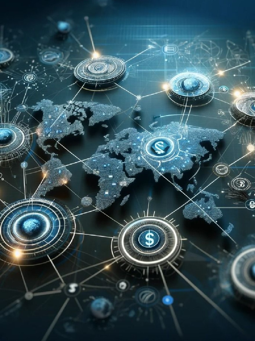 Русский промпт: Цифровая иллюстрация карты мира с знаком доллара в центре, окруженная взаимосвязанными линиями и точками. Карта установлена на темно -синем фоне с рисунком сетки. Знак доллара освещается ярким источником света, что дает ему футуристическое и технологическое ощущение. Изображение передает чувство глобального бизнеса и финансов. | Original prompt: A digital illustration of a world map with a dollar sign in the center, surrounded by interconnected lines and dots. The map is set against a dark blue background with a grid pattern. The dollar sign is illuminated by a bright light source, giving it a futuristic and technological feel. The image conveys a sense of global business and finance.