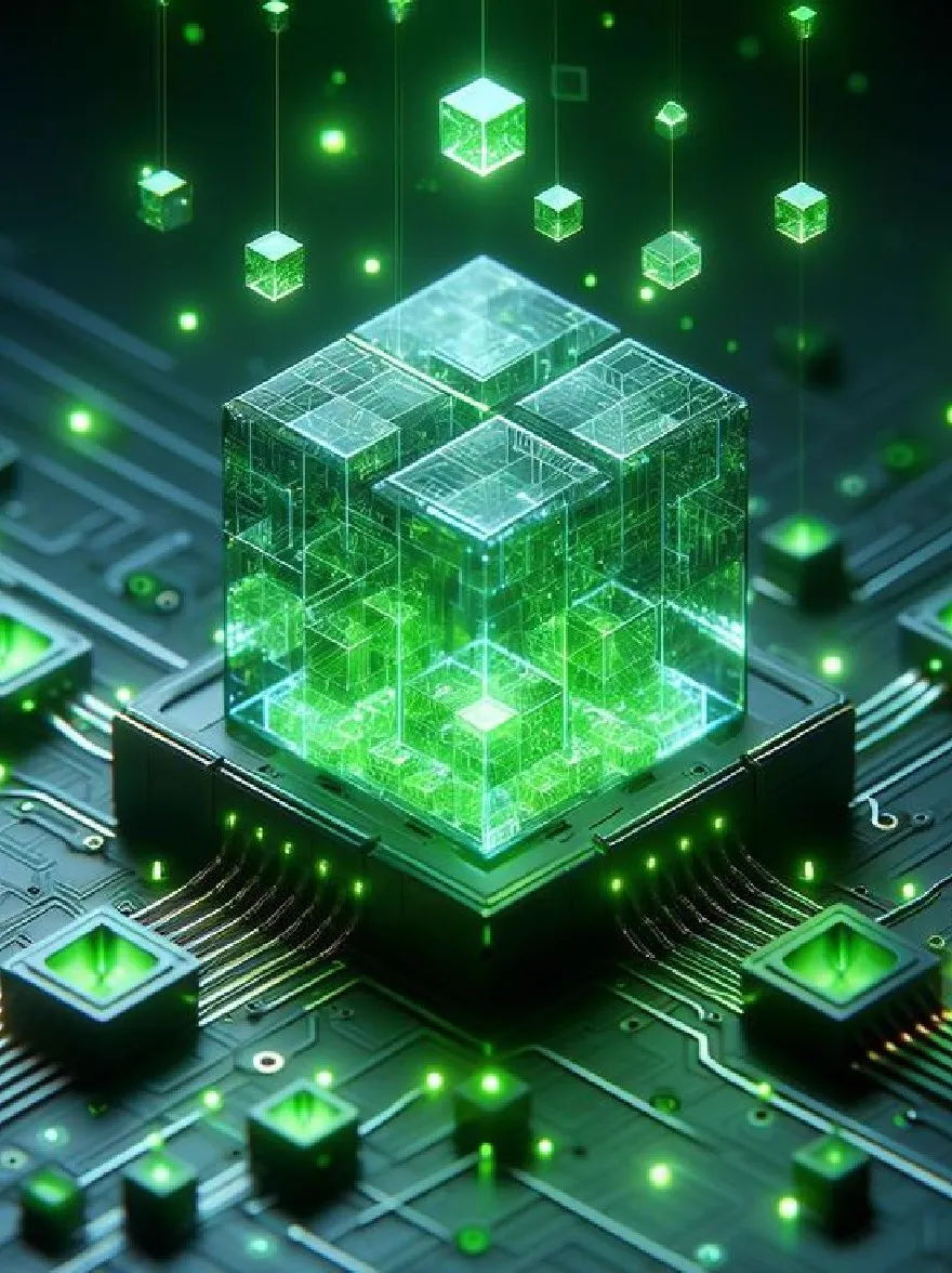 Русский промпт: 3D -рендеринг светящегося зеленого куба на плате. Куб прозрачен, что позволяет зрителю видеть сложные детали внутри. Переворот состоит из различных электронных компонентов, включая резисторы, конденсаторы, транзисторы и интегрированные схемы. На вершине куба висит несколько небольших кубиков, каждый из которых излучает ярко -зеленый свет. Общий эффект представляет собой футуристическое и технологическое представление сложной сети. | Original prompt: A 3D rendering of a glowing green cube on a circuit board. The cube is transparent, allowing the viewer to see the intricate details inside. The circuit board is composed of various electronic components, including resistors, capacitors, transistors, and integrated circuits. Hanging from the top of the cube are several smaller cubes, each emitting a bright green light. The overall effect is a futuristic and technological representation of a complex network.