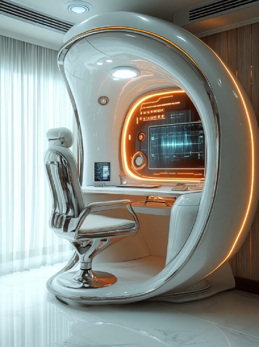 Русский промпт: Футуристический капитан с гладким, оптимизированным дизайном. Струйка изготовлена из стекла и хрома, с апельсиновым свечением, исходящим изнутри, создавая теплую и привлекательную атмосферу. Внутри капсула есть компьютерный стол с монитором и клавиатурой, а также стул с высокой спинкой и подлокотниками, обеспечивая удобную зону для сидения. В комнате есть деревянные панели на стенах и большое окно с чистыми белыми шторами, что позволяет войти естественным светом. Пол переплетенный, а общая эстетика минималистичная и современная. | Original prompt: A futuristic pod-like office with a sleek, streamlined design. The pod is made of glass and chrome, with an orange glow emanating from the inside, creating a warm and inviting atmosphere. Inside the pod, there is a computer desk with a monitor and keyboard, and a chair with a high backrest and armrests, providing a comfortable seating area. The room has wooden paneling on the walls and a large window with sheer white curtains, allowing natural light to enter. The floor is tiled, and the overall aesthetic is minimalistic and contemporary.