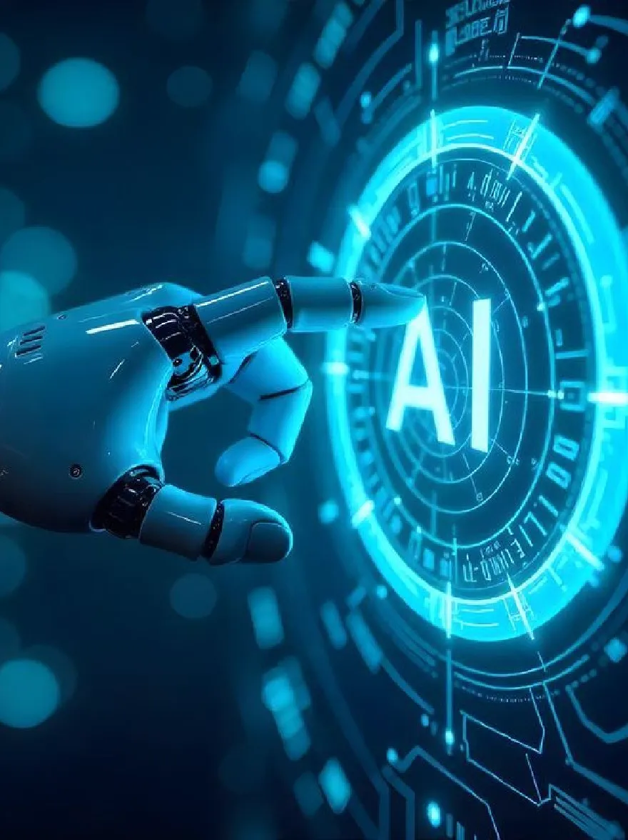 Русский промпт: Фото роботизированной руки, достигающей светящегося синего интерфейса со словом «ИИ» в центре. Интерфейс имеет круглую форму с линиями и числами, а фон размыт с помощью света боке. Роботизированная рука синяя цвет и имеет гладкую роботизированную текстуру. Освещение яркое и равномерное, подчеркивая сложные детали роботизированной руки и футуристический интерфейс. Изображение имеет высококачественный, профессиональный вид. | Original prompt: Photo of a robotic hand reaching towards a glowing blue interface with the word "AI" in the center. The interface has a circular shape with lines and numbers, and the background is blurred with bokeh lights. The robotic hand is blue in color and has a smooth, robotic texture. The lighting is bright and even, highlighting the intricate details of the robotic hand and the futuristic interface. The image has a high-quality, professional look.
