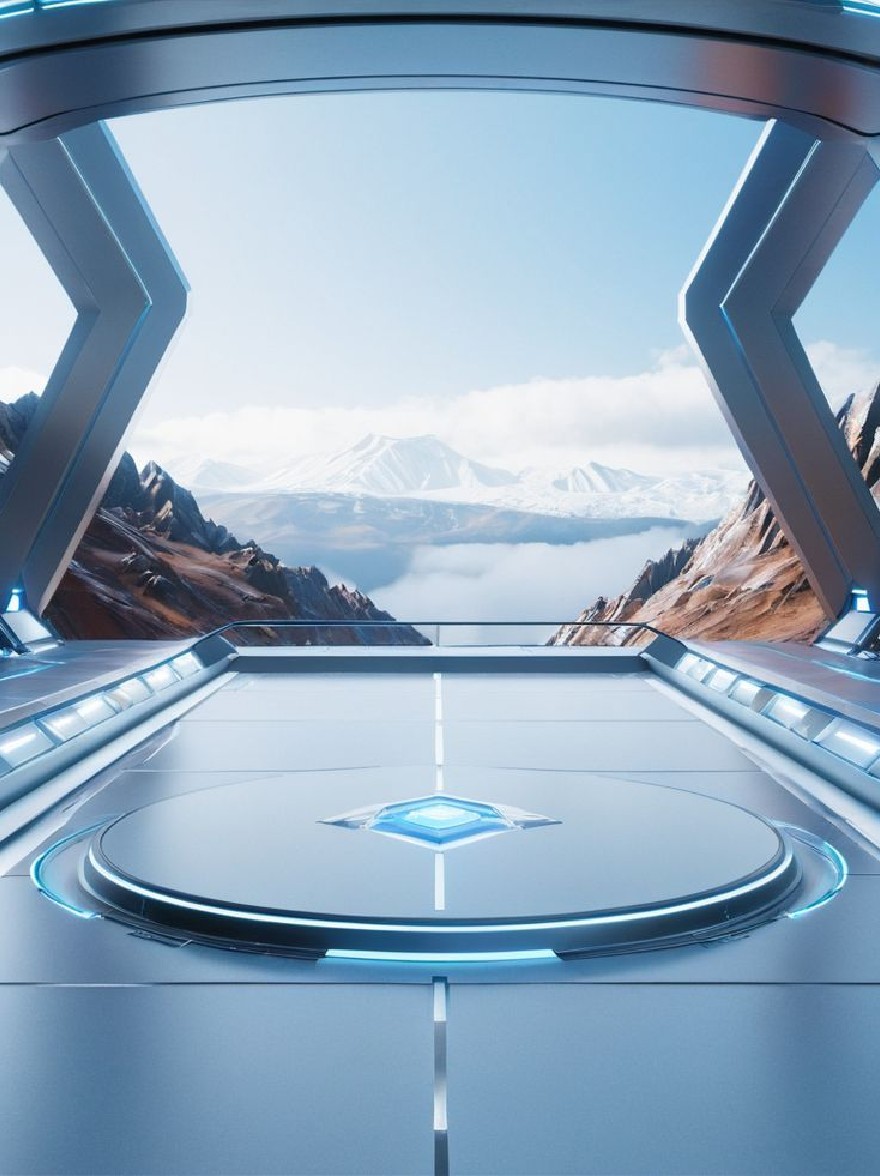 Русский промпт: Футуристическая космическая кабина с круглым стеклянным окном с видом на обширный пейзаж. Кабина имеет гладкую металлическую поверхность с отражающей синей бриллиантной эмблемой в центре. Окно обеспечивает потрясающий панорамный вид на отдаленную горную цепь с снежными вершинами и озером на расстоянии. Интерьер кабины освещается ярко-синими огнями, что придает ему футуристическое, научно-фантастическое ощущение. Общая атмосфера - это страх и чудо, с чувством исследования и открытия. | Original prompt: A futuristic spaceship cockpit with a circular glass window overlooking a vast landscape. The cockpit has a sleek, metallic surface with a reflective blue diamond-shaped emblem in the center. The window provides a stunning panoramic view of a distant mountain range with snow-capped peaks and a lake in the distance. The interior of the cockpit is illuminated by bright blue lights, giving it a futuristic, sci-fi feel. The overall atmosphere is one of awe and wonder, with a sense of exploration and discovery.