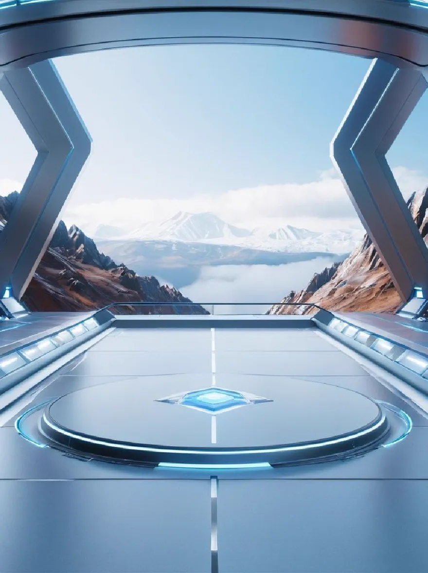 Русский промпт: Футуристическая космическая кабина с круглым стеклянным окном с видом на обширный пейзаж. Кабина имеет гладкую металлическую поверхность с отражающей синей бриллиантной эмблемой в центре. Окно обеспечивает потрясающий панорамный вид на отдаленную горную цепь с снежными вершинами и озером на расстоянии. Интерьер кабины освещается ярко-синими огнями, что придает ему футуристическое, научно-фантастическое ощущение. Общая атмосфера - это страх и чудо, с чувством исследования и открытия. | Original prompt: A futuristic spaceship cockpit with a circular glass window overlooking a vast landscape. The cockpit has a sleek, metallic surface with a reflective blue diamond-shaped emblem in the center. The window provides a stunning panoramic view of a distant mountain range with snow-capped peaks and a lake in the distance. The interior of the cockpit is illuminated by bright blue lights, giving it a futuristic, sci-fi feel. The overall atmosphere is one of awe and wonder, with a sense of exploration and discovery.