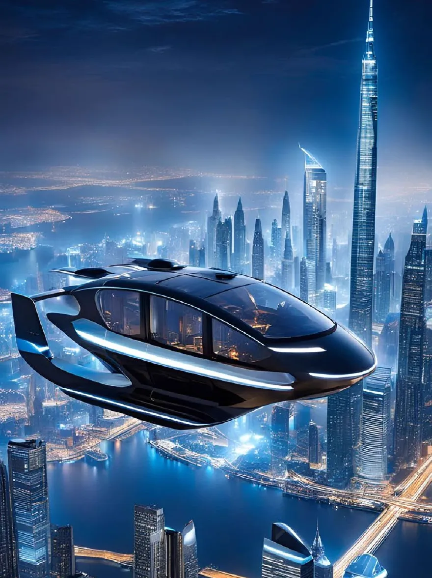 Русский промпт: Футуристический, гладкий, черный вертолет, летящий над городским горизонтом ночью, на заднем плане, самым высоким зданием в мире. Городской пейзаж освещен синим и белым светом, отражаясь от воды внизу. Вертолет находится в центре изображения, с его гладким, упорядоченным дизайном, стоящим против современных небоскребов. Небо глубоко синее, с несколькими звездами, мерцающими в ночном небе. Изображение имеет разрешение высокой четкости, что делает его похожим на фотографию изобразительного искусства. | Original prompt: A futuristic, sleek, black helicopter flying over a city skyline at night, with the Burj Khalifa, the tallest building in the world, in the background. The cityscape is illuminated with blue and white lights, reflecting off the water below. The helicopter is in the center of the image, with its sleek, streamlined design standing out against the modern skyscrapers. The sky is a deep blue, with a few stars twinkling in the night sky. The image has a high-definition resolution, making it look like a fine art photograph.