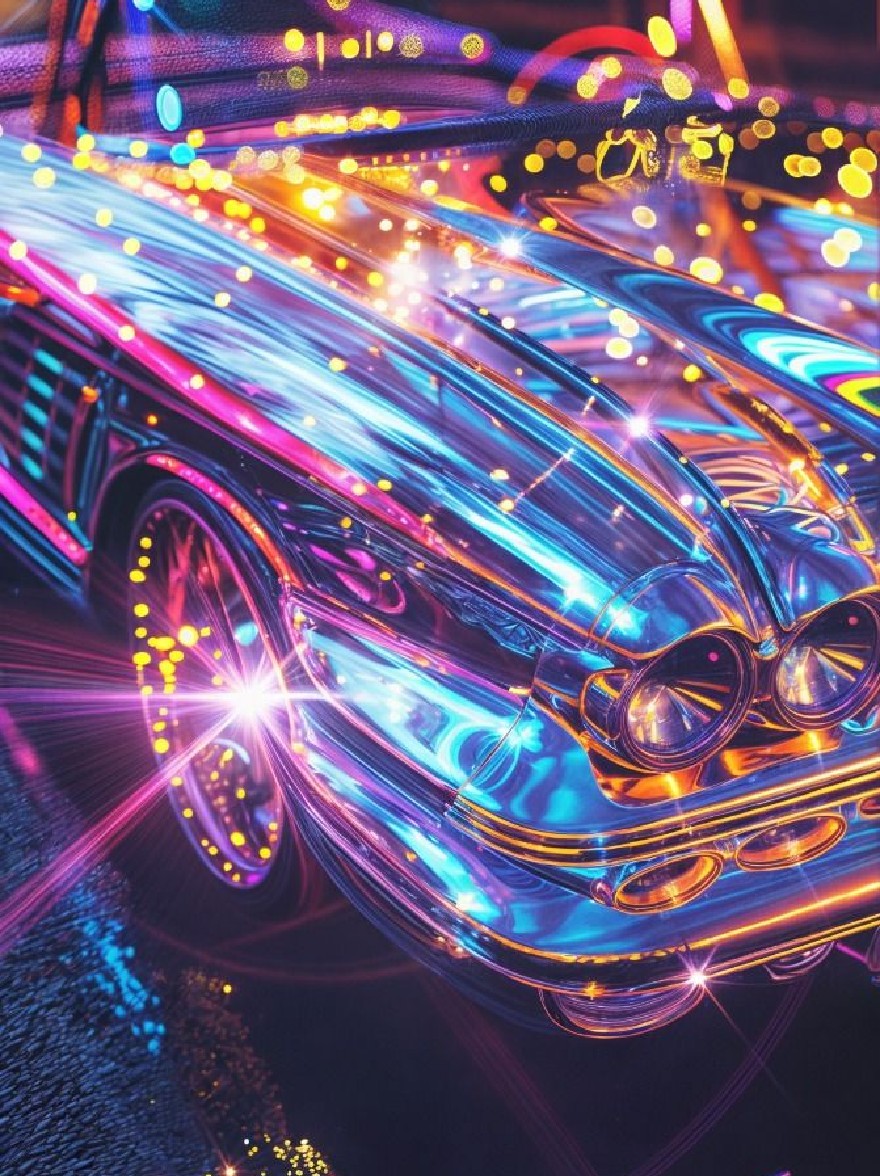 Русский промпт: Наижимый, неоновый автомобиль, ускоряющийся по городской улице ночью, с красочными огнями и полосами, излучающимися спереди. Автомобиль имеет гладкий, обтекаемый дизайн с глянцевой отделкой и хромированными акцентами. Фон заполнен смесью блюза, зелени, желтых и красных, создавая динамичную и захватывающую атмосферу. Освещение создает ощущение движения и энергии, с ярко светящимися фарами автомобиля. Общий эффект - это скорость и волнение. | Original prompt: A vibrant, neon-lit car speeding down a city street at night, with colorful lights and streaks radiating from the front. The car has a sleek, streamlined design with a glossy finish and chrome accents. The background is filled with a mix of blues, greens, yellows, and reds, creating a dynamic and exciting atmosphere. The lighting creates a sense of movement and energy, with the car's headlights and taillights shining brightly. The overall effect is one of speed and excitement.