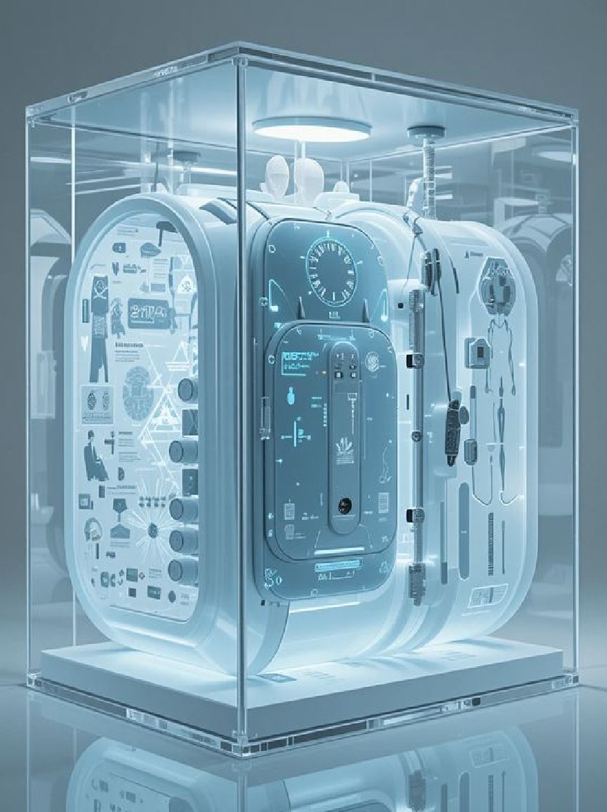 Русский промпт: Фотография футуристического медицинского устройства в прозрачном стеклянном корпусе. Устройство имеет гладкий, современный дизайн с металлической рамой и синий, неоновый интерьер. Случай прозрачен, что позволяет пользователю видеть различные компоненты внутри, включая панель управления, датчики и элементы управления. Фон представляет собой простой, приглушенный серый цвет, обеспечивающий резкий контраст с устройством. Освещение яркое и равномерное, подчеркивая сложные детали дизайна устройства. Общая эстетика является минималистичной и современной, с акцентом на технологии и инновации. | Original prompt: A photograph of a futuristic medical device inside a transparent glass case. The device has a sleek, modern design with a metallic frame and a blue, neon-lit interior. The case is transparent, allowing the user to see the various components inside, including a control panel, gauges, and controls. The background is a simple, muted grey color, providing a stark contrast to the device. The lighting is bright and even, highlighting the intricate details of the device's design. The overall aesthetic is minimalistic and contemporary, with a focus on technology and innovation.