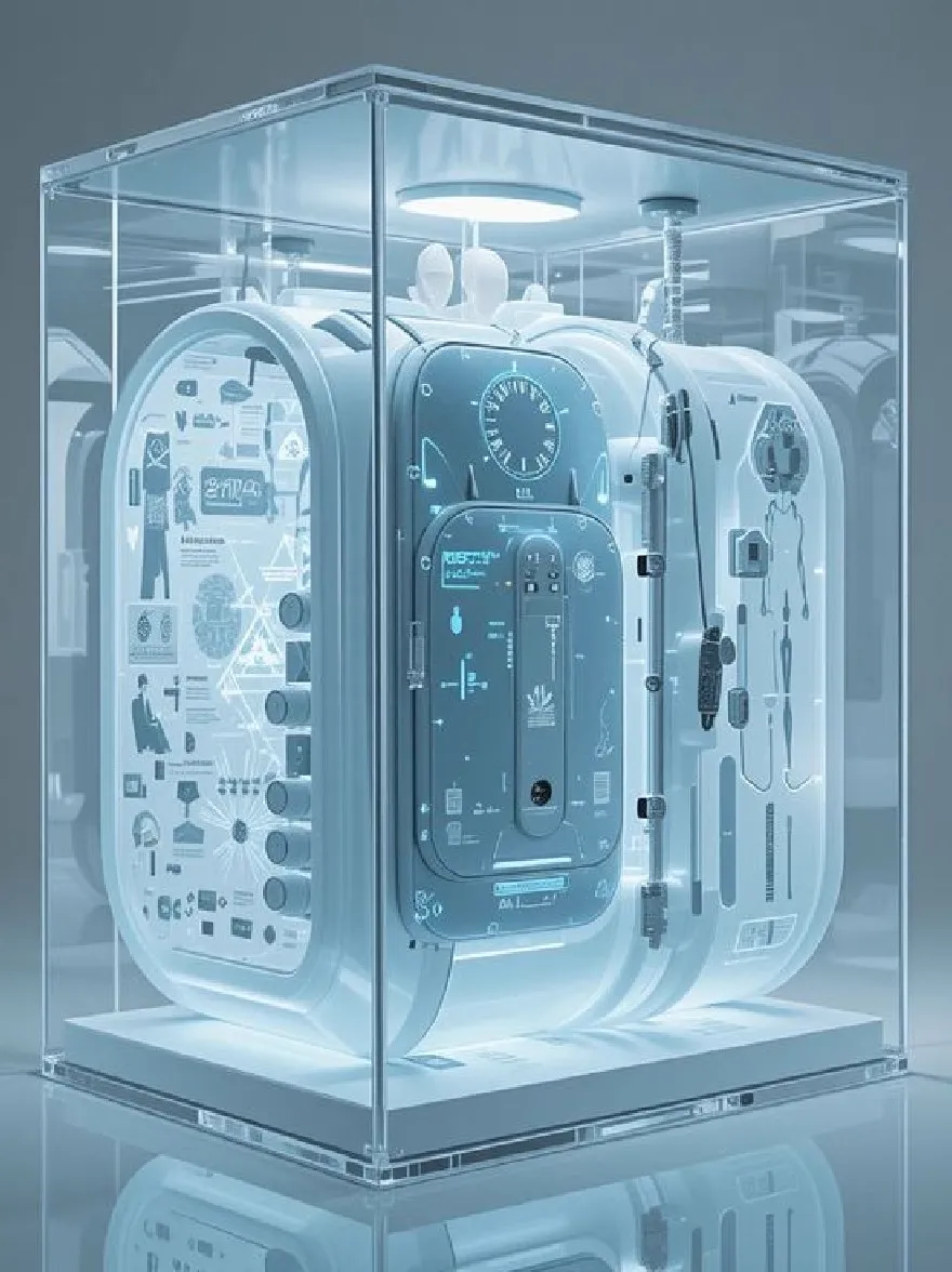 Русский промпт: Фотография футуристического медицинского устройства в прозрачном стеклянном корпусе. Устройство имеет гладкий, современный дизайн с металлической рамой и синий, неоновый интерьер. Случай прозрачен, что позволяет пользователю видеть различные компоненты внутри, включая панель управления, датчики и элементы управления. Фон представляет собой простой, приглушенный серый цвет, обеспечивающий резкий контраст с устройством. Освещение яркое и равномерное, подчеркивая сложные детали дизайна устройства. Общая эстетика является минималистичной и современной, с акцентом на технологии и инновации. | Original prompt: A photograph of a futuristic medical device inside a transparent glass case. The device has a sleek, modern design with a metallic frame and a blue, neon-lit interior. The case is transparent, allowing the user to see the various components inside, including a control panel, gauges, and controls. The background is a simple, muted grey color, providing a stark contrast to the device. The lighting is bright and even, highlighting the intricate details of the device's design. The overall aesthetic is minimalistic and contemporary, with a focus on technology and innovation.