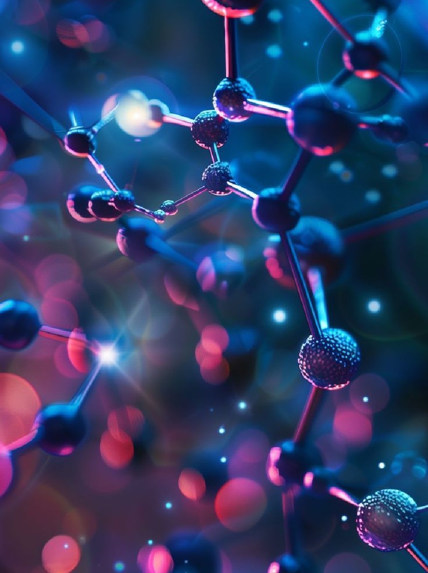 Русский промпт: 3D -рендеринг молекулярной структуры, состоящей из взаимосвязанных атомов углерода и молекул, с сияющими красными и синими светами, излучающимися из центра, создавая эффект боке. Фон представляет собой смесь темно-синих и фиолетовых оттенков, с туманным рисунком на заднем плане. Атомы расположены в симметричном рисунке, каждый атом имеет сферическую форму и гексагональную структуру. Изображение имеет футуристическую, научно-фантастическую эстетику с высокотехнологичным ощущением. Освещение мягкое и эфирное, подчеркивая сложные детали молекулярной структуры. | Original prompt: A 3D rendering of a molecular structure composed of interconnected carbon atoms and molecules, with glowing red and blue lights radiating from the center, creating a bokeh effect. The background is a mix of dark blue and purple hues, with a nebula-like pattern in the background. The atoms are arranged in a symmetrical pattern, with each atom having a spherical shape and a hexagonal structure. The image has a futuristic, sci-fi aesthetic with a high-tech feel. The lighting is soft and ethereal, highlighting the intricate details of the molecular structure.