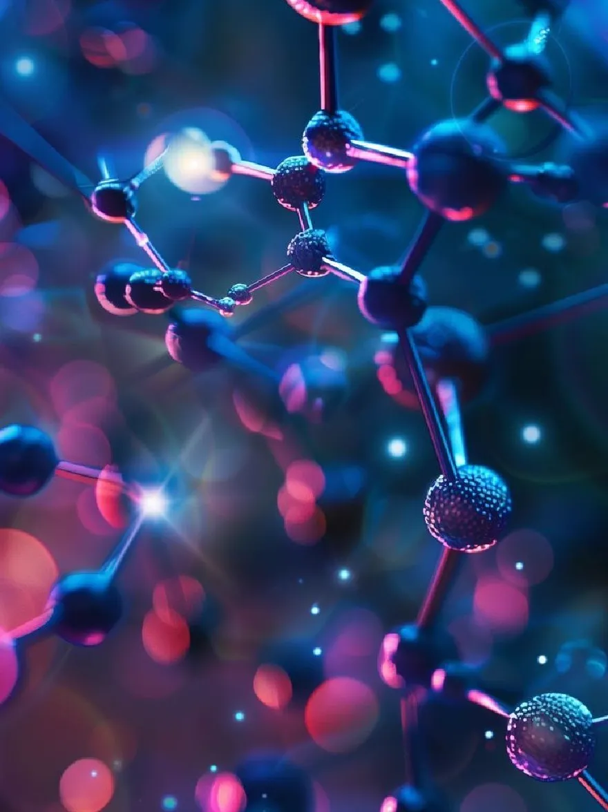 Русский промпт: 3D -рендеринг молекулярной структуры, состоящей из взаимосвязанных атомов углерода и молекул, с сияющими красными и синими светами, излучающимися из центра, создавая эффект боке. Фон представляет собой смесь темно-синих и фиолетовых оттенков, с туманным рисунком на заднем плане. Атомы расположены в симметричном рисунке, каждый атом имеет сферическую форму и гексагональную структуру. Изображение имеет футуристическую, научно-фантастическую эстетику с высокотехнологичным ощущением. Освещение мягкое и эфирное, подчеркивая сложные детали молекулярной структуры. | Original prompt: A 3D rendering of a molecular structure composed of interconnected carbon atoms and molecules, with glowing red and blue lights radiating from the center, creating a bokeh effect. The background is a mix of dark blue and purple hues, with a nebula-like pattern in the background. The atoms are arranged in a symmetrical pattern, with each atom having a spherical shape and a hexagonal structure. The image has a futuristic, sci-fi aesthetic with a high-tech feel. The lighting is soft and ethereal, highlighting the intricate details of the molecular structure.