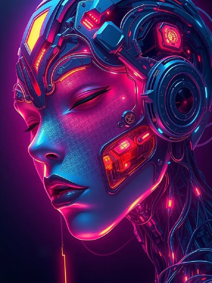 Русский промпт: Очень подробный, неоновый портрет футуристической женщины с синим металлическим цветом лица и сложной схемой на голове. У нее длинные, текущие волосы, и ее глаза закрыты, что дает ей безмятежное выражение. Фон представляет собой градиент темно -фиолетового и синего, со светящимися красными и желтыми акцентами. Женщина расположена в центре изображения, слегка обращенной влево. Изображение имеет научно-фантастическую эстетику киберпанка с акцентом на технологии и инновации. | Original prompt: A highly detailed, neon-lit portrait of a futuristic woman with a blue, metallic complexion and intricate circuitry on her head. She has long, flowing hair and her eyes are closed, giving her a serene expression. The background is a gradient of dark purple and blue, with glowing red and yellow accents. The woman is positioned in the center of the image, facing slightly to the left. The image has a sci-fi, cyberpunk aesthetic with a focus on technology and innovation.