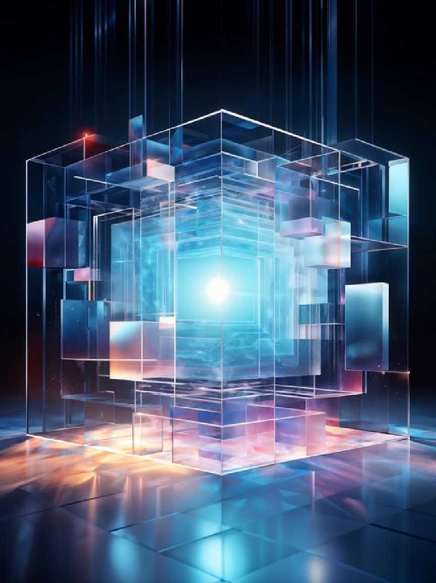 Русский промпт: Фотография футуристической, абстрактной сцены с полупрозрачным, полупрозрачным кубом со светящимся синим светом, исходящим от центра. Куб окружен меньшими, полупрозрачными кубиками различных цветов, включая синий, розовый и красный. Фон темный, с градиентным эффектом, создавая ощущение глубины и размерности. Освещение драматичное, с полосами света, отражающимися от поверхности куба, создавая эфирное сияние. Общий эффект - это энергия и глубина, когда куб выделяется на темном фоне. | Original prompt: Photo of a futuristic, abstract scene featuring a translucent, translucent cube with a glowing blue light emanating from the center. The cube is surrounded by smaller, translucent cubes of various colors, including blue, pink, and red. The background is dark, with a gradient effect, creating a sense of depth and dimensionality. The lighting is dramatic, with streaks of light reflecting off the cube's surface, creating an ethereal glow. The overall effect is one of energy and depth, with the cube standing out against the dark background.