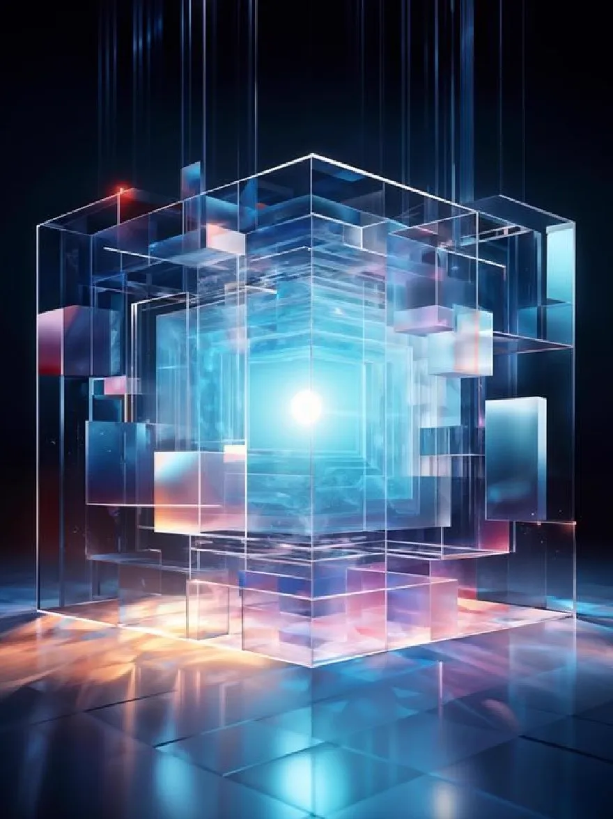 Русский промпт: Фотография футуристической, абстрактной сцены с полупрозрачным, полупрозрачным кубом со светящимся синим светом, исходящим от центра. Куб окружен меньшими, полупрозрачными кубиками различных цветов, включая синий, розовый и красный. Фон темный, с градиентным эффектом, создавая ощущение глубины и размерности. Освещение драматичное, с полосами света, отражающимися от поверхности куба, создавая эфирное сияние. Общий эффект - это энергия и глубина, когда куб выделяется на темном фоне. | Original prompt: Photo of a futuristic, abstract scene featuring a translucent, translucent cube with a glowing blue light emanating from the center. The cube is surrounded by smaller, translucent cubes of various colors, including blue, pink, and red. The background is dark, with a gradient effect, creating a sense of depth and dimensionality. The lighting is dramatic, with streaks of light reflecting off the cube's surface, creating an ethereal glow. The overall effect is one of energy and depth, with the cube standing out against the dark background.