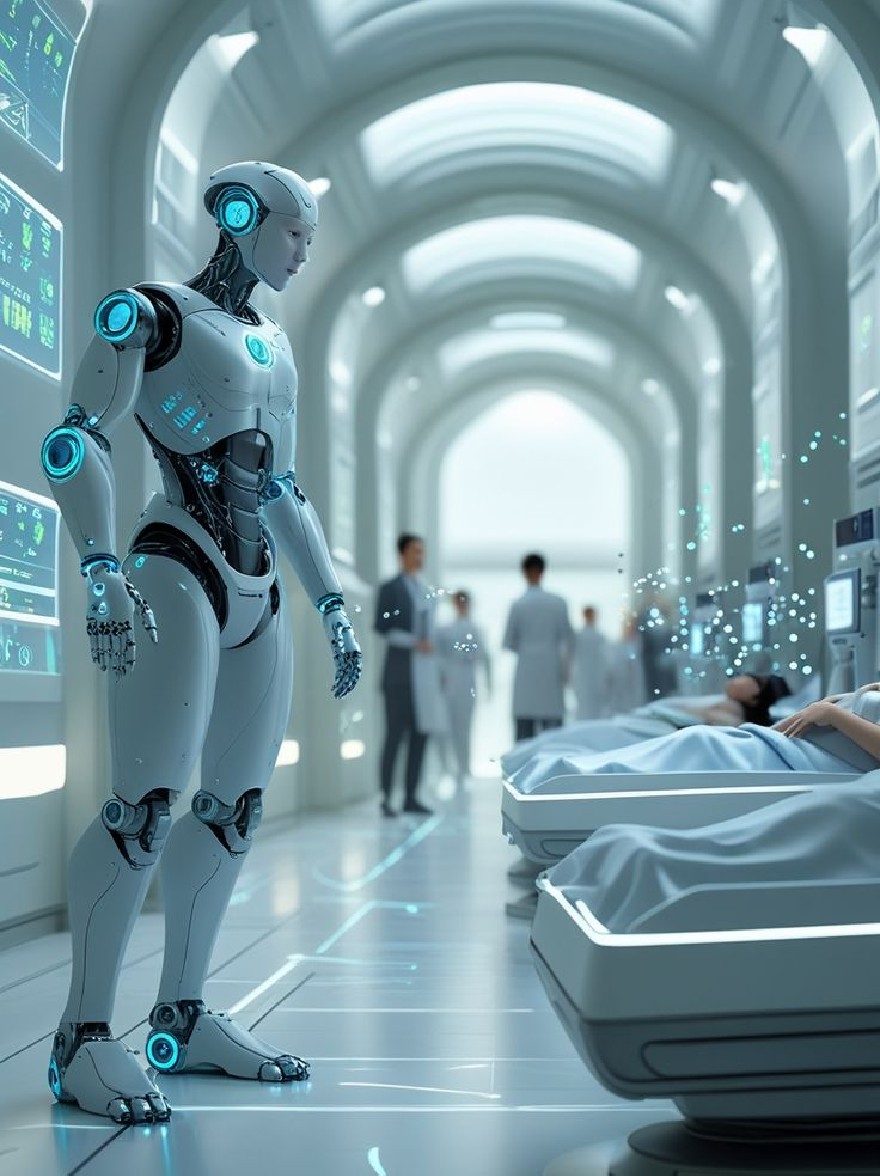 Русский промпт: Футуристическая научно-фантастическая обстановка с гуманоидным роботом, стоящим в больничном коридоре. Робот имеет гладкое металлическое серебряное тело с синими акцентами, а голова слегка повернута в сторону. Коридор облицован рядами кроватей, каждый с белым постельным бельем, а на заднем плане есть несколько врачей и медсестер. Роботы взаимодействуют друг с другом, а коридор освещается ярким окружающим освещением. Изображение имеет высокотехнологичный, футуристический вид с акцентом на науку и технику. | Original prompt: A futuristic, sci-fi setting featuring a humanoid robot standing in a hospital corridor. The robot has a sleek, metallic silver body with blue accents, and its head is turned slightly to the side. The corridor is lined with rows of beds, each with white linens, and there are several doctors and nurses in the background. The robots are interacting with each other, and the corridor is illuminated by bright, ambient lighting. The image has a high-tech, futuristic feel with a focus on science and technology.