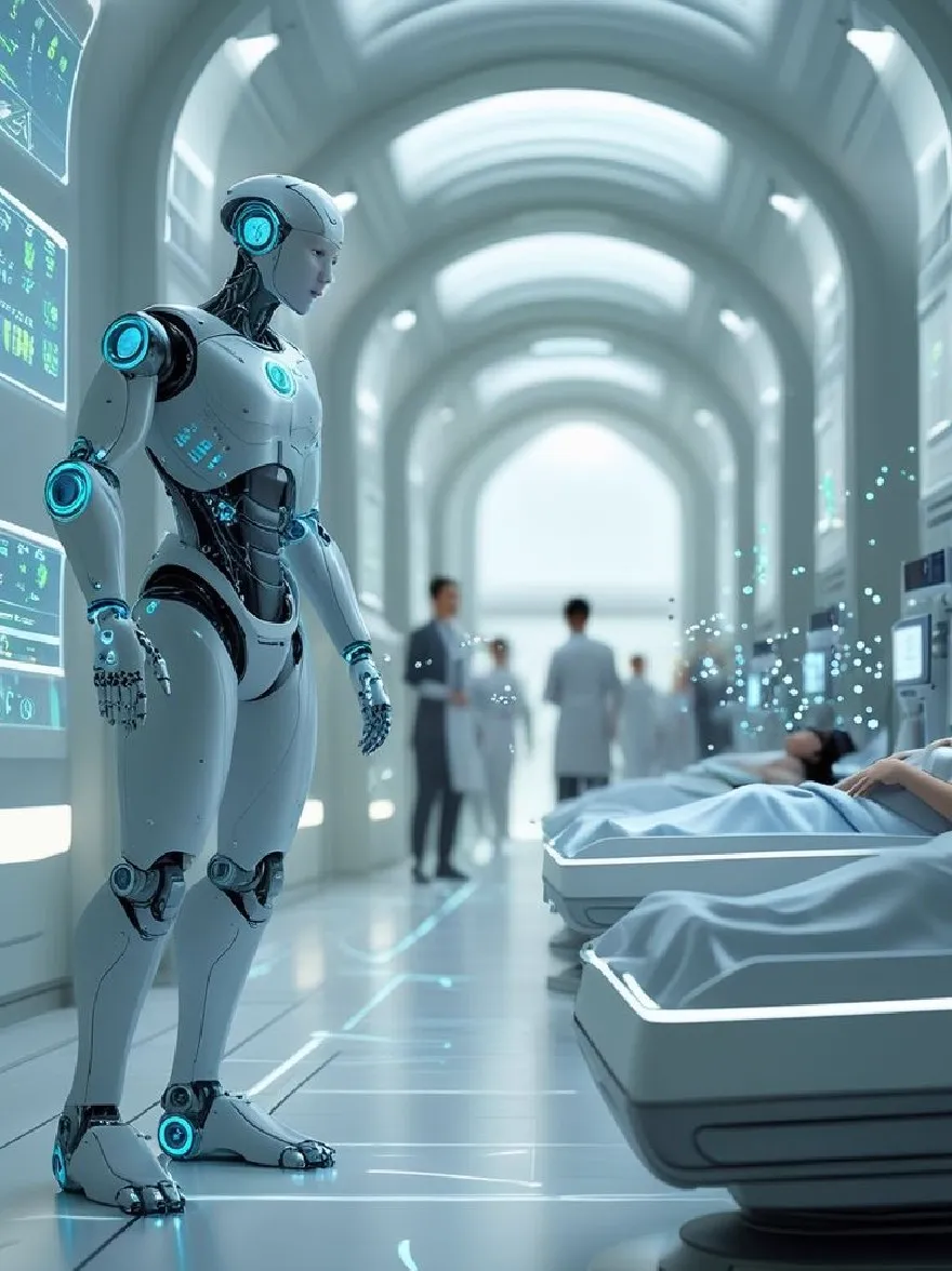 Русский промпт: Футуристическая научно-фантастическая обстановка с гуманоидным роботом, стоящим в больничном коридоре. Робот имеет гладкое металлическое серебряное тело с синими акцентами, а голова слегка повернута в сторону. Коридор облицован рядами кроватей, каждый с белым постельным бельем, а на заднем плане есть несколько врачей и медсестер. Роботы взаимодействуют друг с другом, а коридор освещается ярким окружающим освещением. Изображение имеет высокотехнологичный, футуристический вид с акцентом на науку и технику. | Original prompt: A futuristic, sci-fi setting featuring a humanoid robot standing in a hospital corridor. The robot has a sleek, metallic silver body with blue accents, and its head is turned slightly to the side. The corridor is lined with rows of beds, each with white linens, and there are several doctors and nurses in the background. The robots are interacting with each other, and the corridor is illuminated by bright, ambient lighting. The image has a high-tech, futuristic feel with a focus on science and technology.