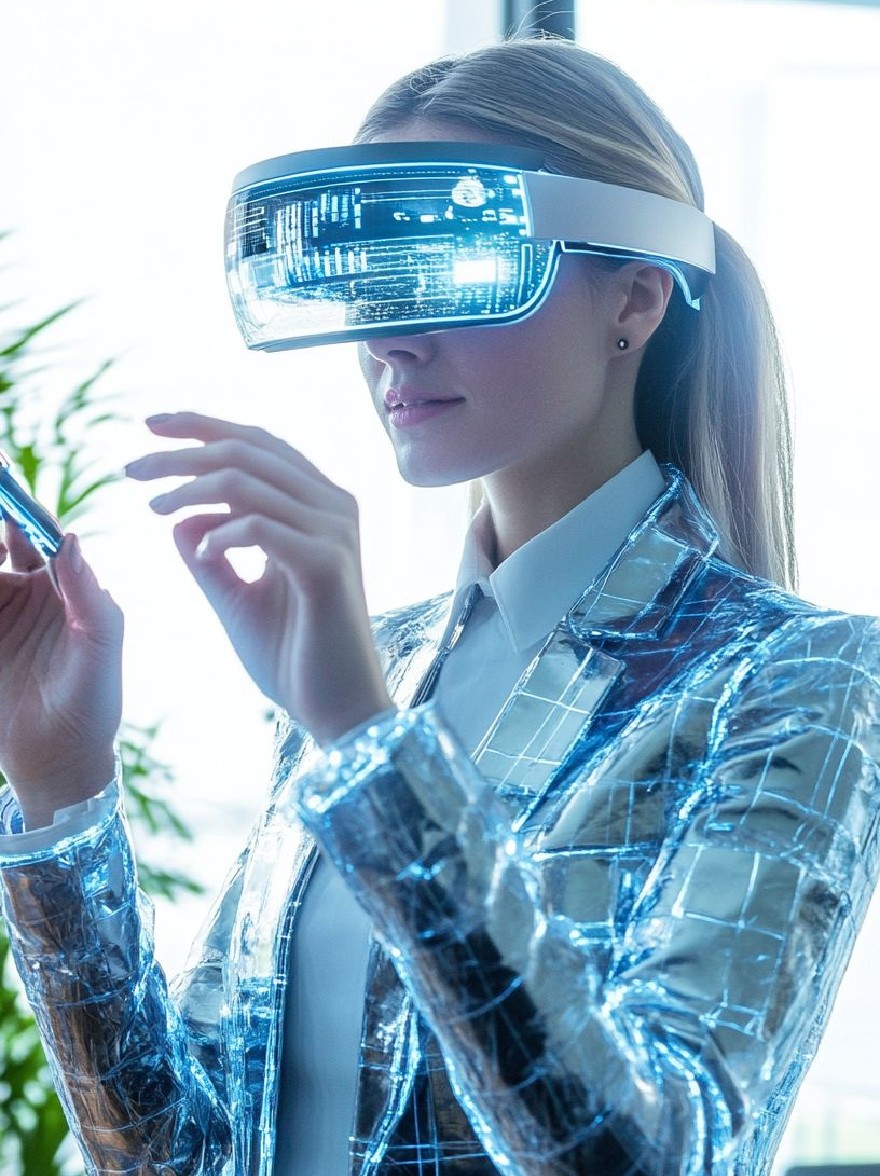 Русский промпт: Женщина с длинными, прямыми, светлыми каштановыми волосами в блестящем, металлическом серебряном костюме и белой рубашкой, держащей в правой руке небольшое футуристическое устройство. Она носит гарнитуру виртуальной реальности со светящимися синим огнем, а фон - это яркая, современная офисная обстановка с большими окнами и горшечным растением. Изображение имеет футуристическую научно-фантастическую эстетику с акцентом на технологии и инновации. | Original prompt: A woman with long, straight, light brown hair wearing a shiny, metallic silver suit and a white shirt, holding a small, futuristic device in her right hand. She is wearing a virtual reality headset with glowing blue lights, and the background is a bright, modern office setting with large windows and a potted plant. The image has a futuristic, sci-fi aesthetic with a focus on technology and innovation.