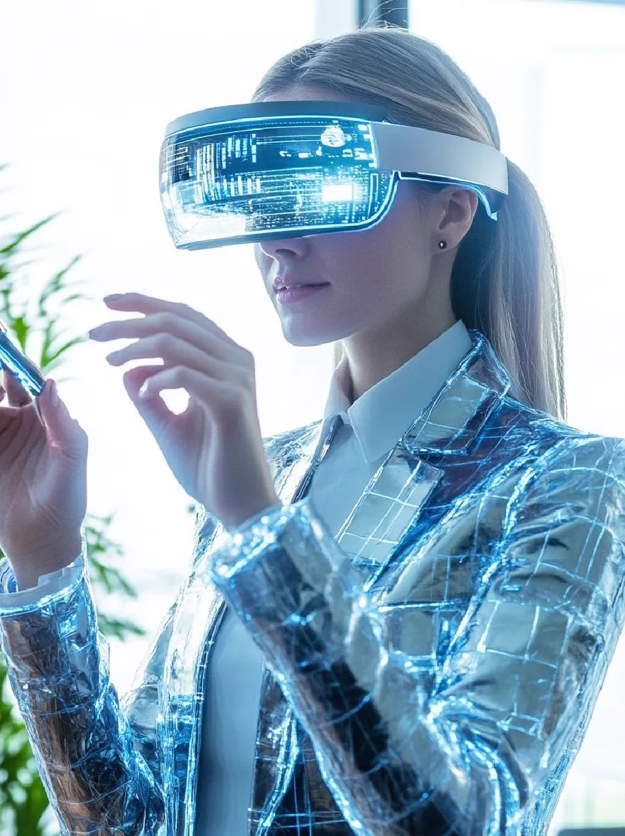 Русский промпт: Женщина с длинными, прямыми, светлыми каштановыми волосами в блестящем, металлическом серебряном костюме и белой рубашкой, держащей в правой руке небольшое футуристическое устройство. Она носит гарнитуру виртуальной реальности со светящимися синим огнем, а фон - это яркая, современная офисная обстановка с большими окнами и горшечным растением. Изображение имеет футуристическую научно-фантастическую эстетику с акцентом на технологии и инновации. | Original prompt: A woman with long, straight, light brown hair wearing a shiny, metallic silver suit and a white shirt, holding a small, futuristic device in her right hand. She is wearing a virtual reality headset with glowing blue lights, and the background is a bright, modern office setting with large windows and a potted plant. The image has a futuristic, sci-fi aesthetic with a focus on technology and innovation.