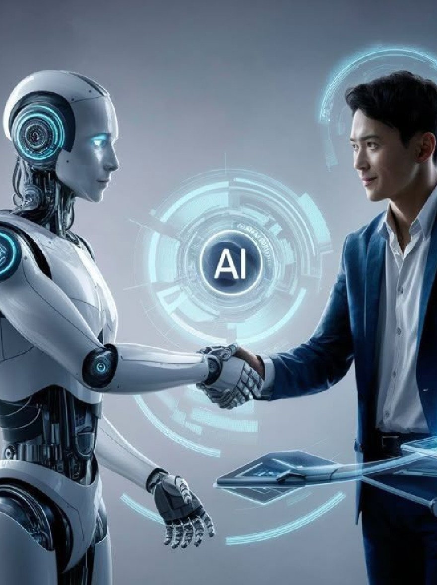 Русский промпт: Человек в синем пиджаке пожимает руками гуманоидным роботом. У робота есть гладкое металлическое тело с гладкой, полированной отделкой. У мужчины короткие, темные волосы, и он носит белую рубашку. Фон представляет собой градиент серого и синего, с футуристическим голографическим интерфейсом с использованием слова «AI» в центре. Изображение имеет высококачественный цифровой стиль искусства с акцентом на взаимодействие между двумя персонажами. | Original prompt: A man in a blue blazer shaking hands with a humanoid robot. The robot has a sleek, metallic body with a smooth, polished finish. The man has short, dark hair and is wearing a white shirt. The background is a gradient of grey and blue, with a futuristic, holographic interface featuring the word "AI" in the center. The image has a high-quality, digital art style with a focus on the interaction between the two characters.