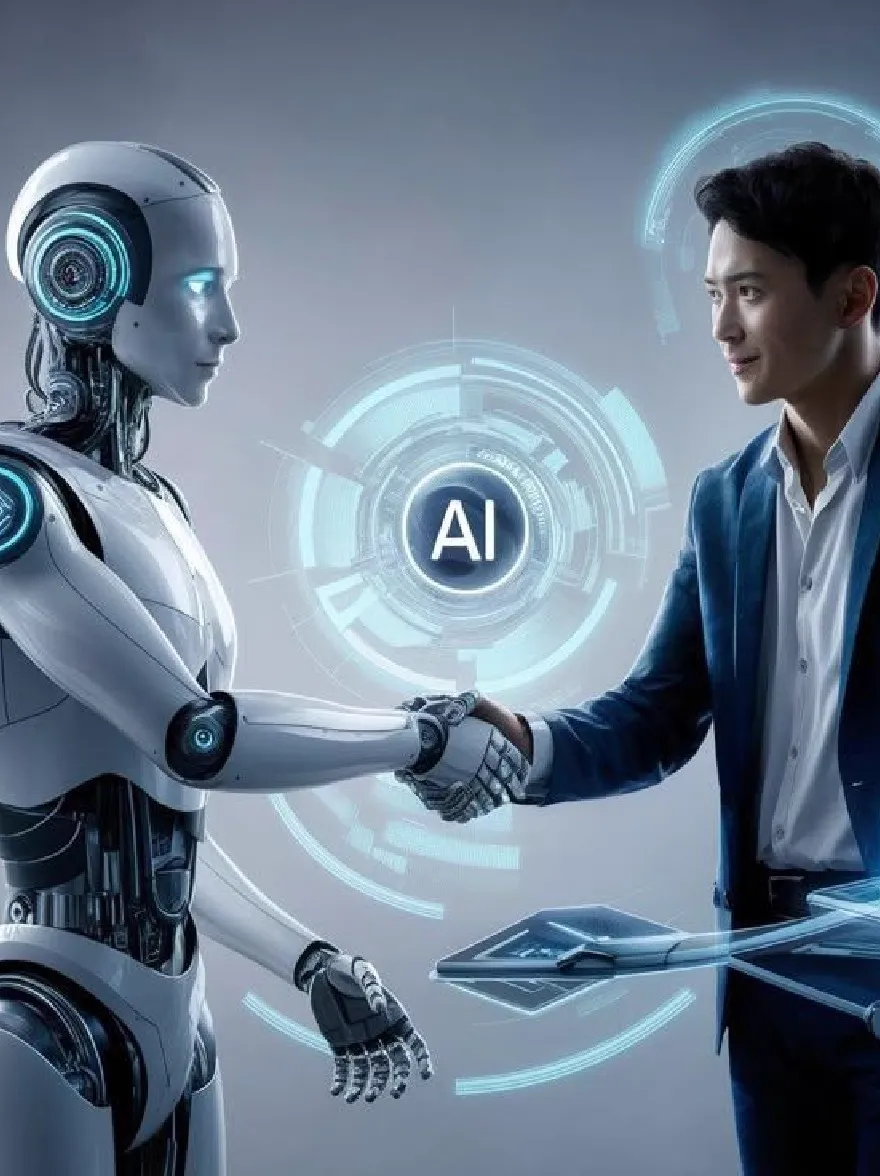 Русский промпт: Человек в синем пиджаке пожимает руками гуманоидным роботом. У робота есть гладкое металлическое тело с гладкой, полированной отделкой. У мужчины короткие, темные волосы, и он носит белую рубашку. Фон представляет собой градиент серого и синего, с футуристическим голографическим интерфейсом с использованием слова «AI» в центре. Изображение имеет высококачественный цифровой стиль искусства с акцентом на взаимодействие между двумя персонажами. | Original prompt: A man in a blue blazer shaking hands with a humanoid robot. The robot has a sleek, metallic body with a smooth, polished finish. The man has short, dark hair and is wearing a white shirt. The background is a gradient of grey and blue, with a futuristic, holographic interface featuring the word "AI" in the center. The image has a high-quality, digital art style with a focus on the interaction between the two characters.