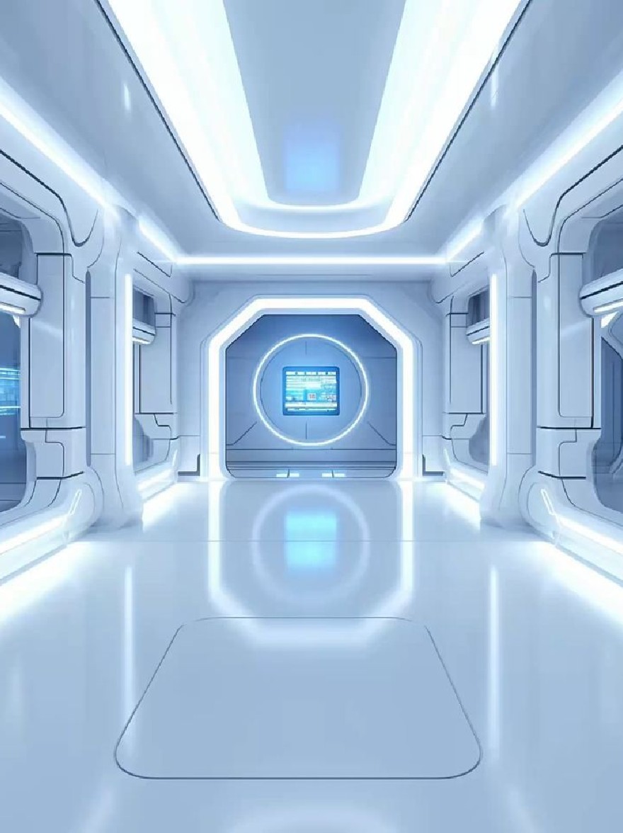 Русский промпт: Футуристический научно-фантастический коридор с гладким, металлическим дизайном и ярко-синим освещением. Коридор пуст, без людей или объектов. В центре коридора есть большое круговое окно с синим экраном с информацией. Стены изготовлены из тонких металлических панелей, а пол гладкий и отражающий. Потолок украшен утопленным освещением, что придает коридору высокотехнологичное, футуристическое чувство. Общая атмосфера яркая и воздушная, с чувством открытости и возможности. | Original prompt: A futuristic, sci-fi corridor with a sleek, metallic design and bright blue lighting. The corridor is empty, with no people or objects in sight. In the center of the corridor, there is a large, circular window with a blue screen displaying information. The walls are made of thin, metallic panels, and the floor is smooth and reflective. The ceiling is adorned with recessed lighting, giving the corridor a high-tech, futuristic feel. The overall atmosphere is bright and airy, with a sense of openness and possibility.