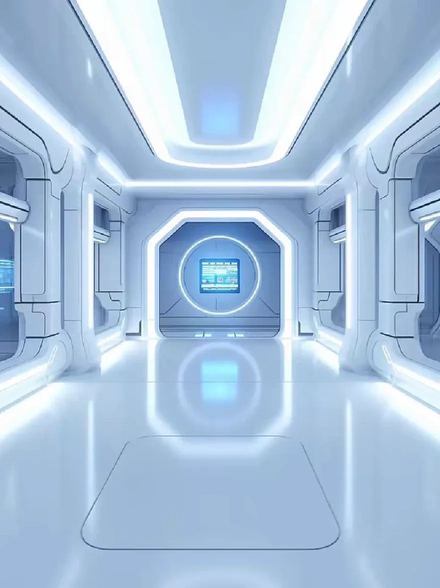 Русский промпт: Футуристический научно-фантастический коридор с гладким, металлическим дизайном и ярко-синим освещением. Коридор пуст, без людей или объектов. В центре коридора есть большое круговое окно с синим экраном с информацией. Стены изготовлены из тонких металлических панелей, а пол гладкий и отражающий. Потолок украшен утопленным освещением, что придает коридору высокотехнологичное, футуристическое чувство. Общая атмосфера яркая и воздушная, с чувством открытости и возможности. | Original prompt: A futuristic, sci-fi corridor with a sleek, metallic design and bright blue lighting. The corridor is empty, with no people or objects in sight. In the center of the corridor, there is a large, circular window with a blue screen displaying information. The walls are made of thin, metallic panels, and the floor is smooth and reflective. The ceiling is adorned with recessed lighting, giving the corridor a high-tech, futuristic feel. The overall atmosphere is bright and airy, with a sense of openness and possibility.